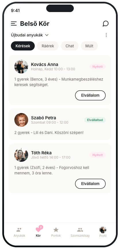 Mamasitter app — belső kör képernyő
