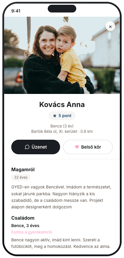 Mamasitter app — profil képernyő
